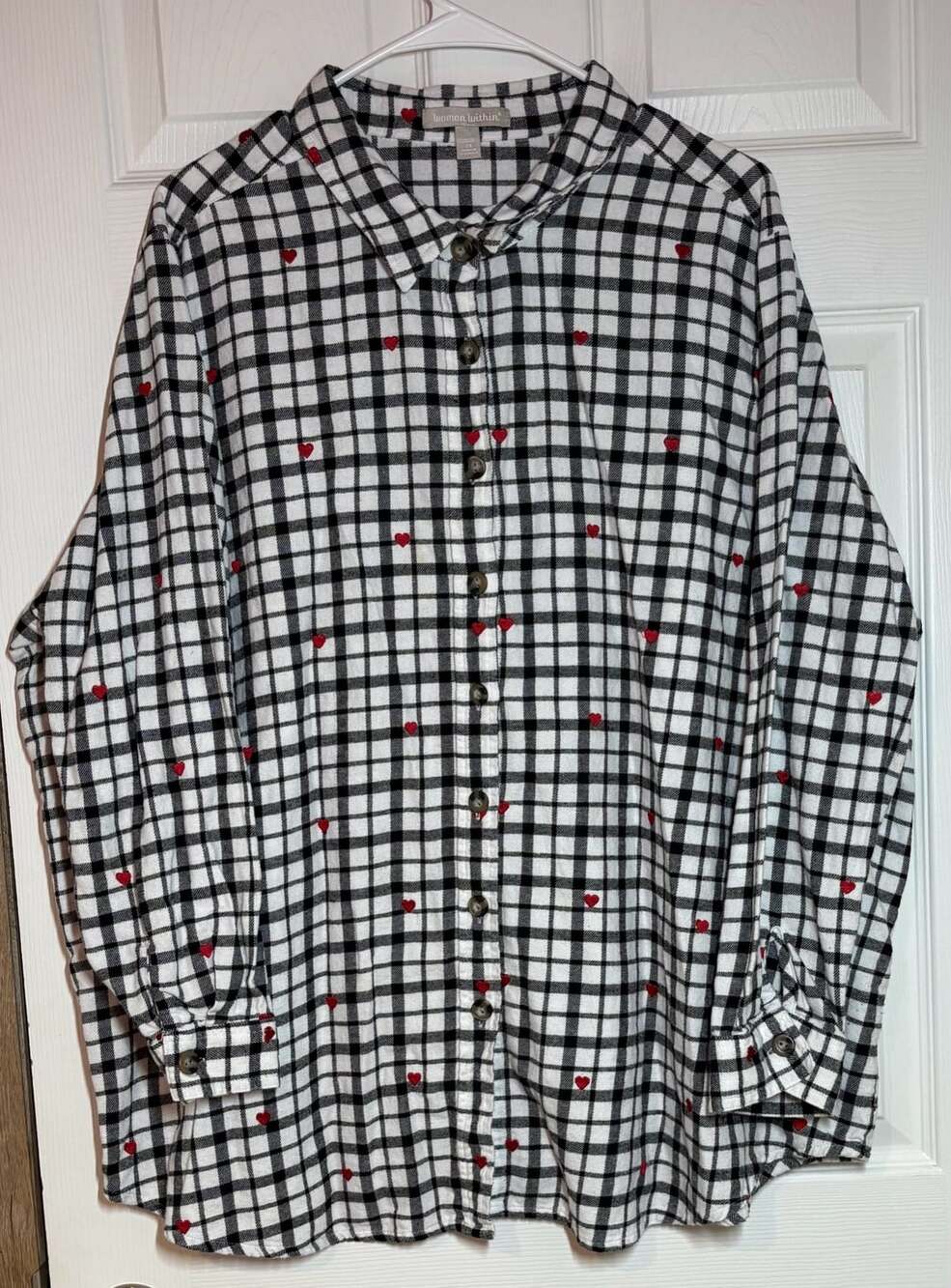 Woman Within Plaid Heart Embroidered Button-Down Shirt Size 2X Black White